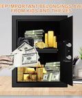Open fireproof waterproof home safe with digital keypad showing cash, gold, and valuables inside, protecting belongings.