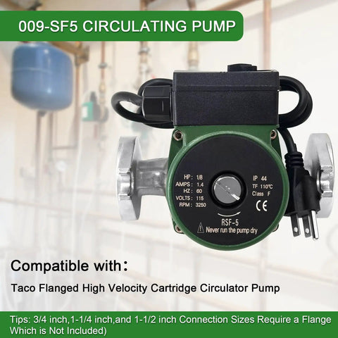 Premium 009-SF5 Recirculating Pump Keeps Your Home Happy With Slick 115V 1/8HP 3250 RPM Motor Churning Out 10 GPM Of Smooth Flow High Velocity Taco-Style Swap front view with flanged connections