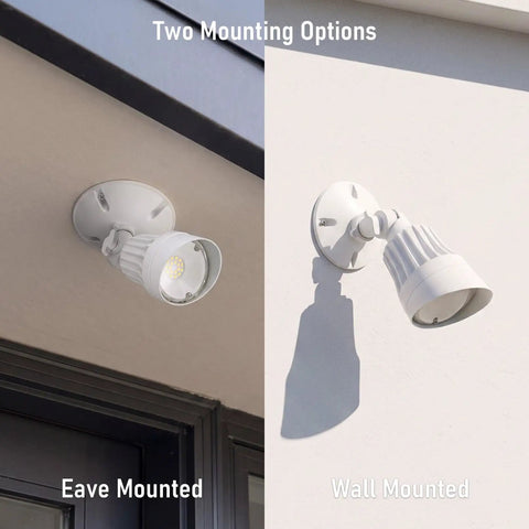 Badass Single Head LED Security Flood Light Wall Mount 10W 5000K White 1000 Lumens shown in eave and wall mounting options.
