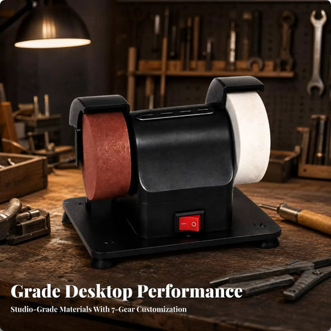 Compact Mini Bench Grinder With Low Vibration Design Runs Like A Champ For Sharpening And Polishing Jobs on a workbench