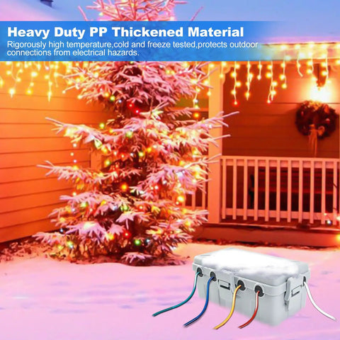 Heavy Duty Weatherproof Outdoor Electrical Box And Extension Cord Cover With Six Rugged Cable Ports built next to a snowy Christmas tree.