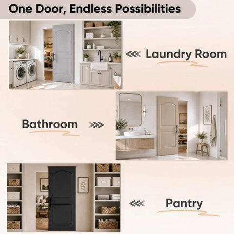 Zero Hassle Concealed Barn Door With Butter Smooth Soft Close Glide And Show Stopper Two Panel Raised Arch Design In Crisp White Primer, shown in laundry room, bathroom, and pantry settings.