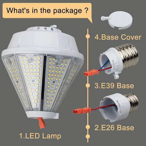 80W LED Corn Light Bulb With Removable E26 And E39 Base, showing lamp, base cover, and bases for E26 and E39 sockets