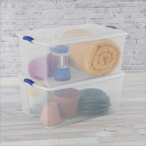 Extra Large Clear Storage Bin with Lid Stackable Plastic Tote showing camping gear and plant pots in a transparent design.
