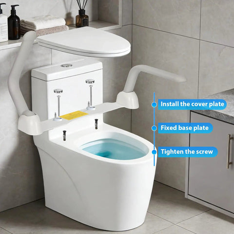 Toilet Safety Rails For Seniors Featuring Sturdy Grab Bars And No Sweat Install For Handicap Bathroom Aid And Reliable Standing Support Without Any Fuss Or Delay mounted on a toilet with instructions.