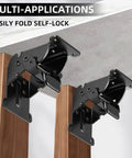 Rock Solid Folding Brackets 8 Pack Heavy Duty Self Locking Hinges With Screws Built Tough Extendable Support Braces For Table Legs Bed Frames And Workbenches Matte Black Finish showing two self-locking brackets mounted on wood.