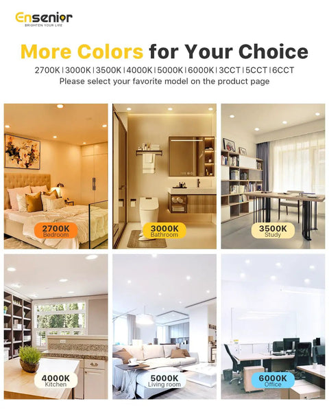 Indoor settings showcasing lighting options; Six Pack 4 Inch LED Recessed Light Dimmable 5000K Daylight 750LM Ultra Thin Canless Wafer Ceiling Light Fixture 9W 120V Damp Rated ETL FCC IC Easy Install
