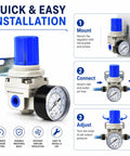 Adjustable Air Pressure Regulator For Compressors With Gauge From Zero To One Hundred Sixty PSI installation steps diagram