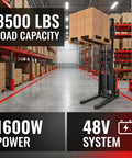 Heavy Duty Semi Electric Pallet Stacker High Lift Pallet Jack Boasts 3500 Lbs Capacity And 95 Inch Reach for warehouse use.