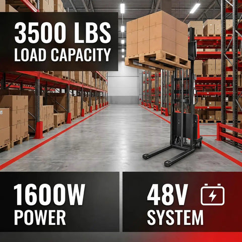 Heavy Duty Semi Electric Pallet Stacker High Lift Pallet Jack Boasts 3500 Lbs Capacity And 95 Inch Reach for warehouse use.