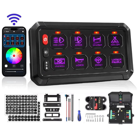 8 Gang Bluetooth Switch Panel With App Control, Wireless RGB Lighting, Universal 12-24V Waterproof Relay Touch Box, installation kit