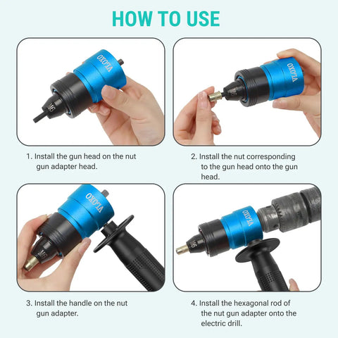 Instructions for using Badass Rivet Nut Drill Adapter For Standard Electric Drills Heavy Duty Nutsert Toolkit in four steps.