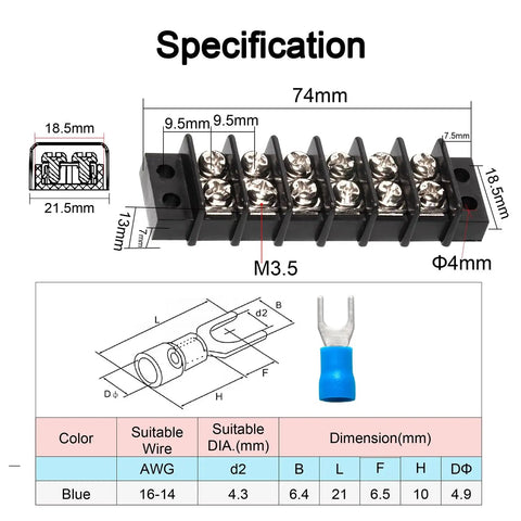 Heavy Duty 6 Circuit Terminal Block Strip dimensions and specifications, 6 way design, 74mm long, dual row layout for clean battery wiring.