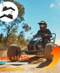 Go-kart driving on dirt with insets of right hand steering knuckle spindle for go karts compatible with KT196 CK196 T KT194