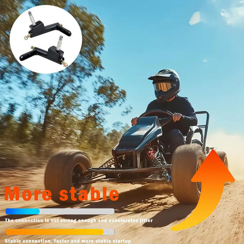 Go-kart driving on dirt with insets of right hand steering knuckle spindle for go karts compatible with KT196 CK196 T KT194