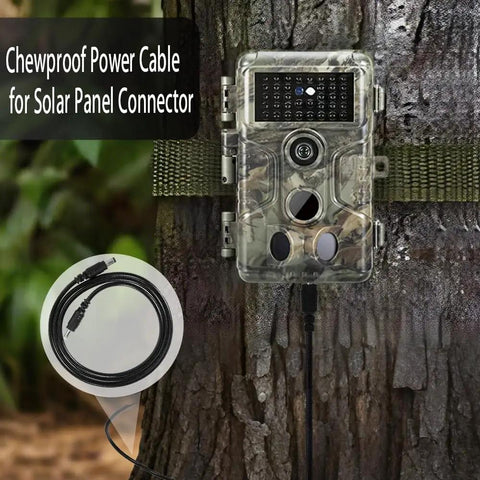 Chewproof Solar Power Cord For Trail Cameras 39 Inch Hella Rugged DC Adapter with solar panel connector on trail camera.