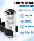 Top Shelf Washer Start Capacitor And Bracket Kit Compatible With GE And Hotpoint Models To Kick Your Motor Back In Gear For Silky Smooth Cycles Includes Solid Hardware Wh12x27614 Straight Shot 60uF capacitor with bracket, specs visible.