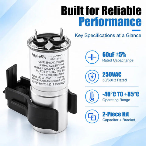 Top Shelf Washer Start Capacitor And Bracket Kit Compatible With GE And Hotpoint Models To Kick Your Motor Back In Gear For Silky Smooth Cycles Includes Solid Hardware Wh12x27614 Straight Shot 60uF capacitor with bracket, specs visible.