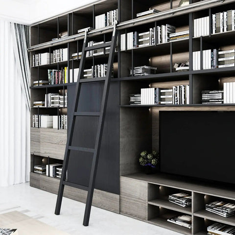 Epic Sliding Ladder Track Kit Adjustable 6.6 To 13 Ft Stainless Steel Round Tube Mobile Hardware For Library Loft Storage in use on shelves.