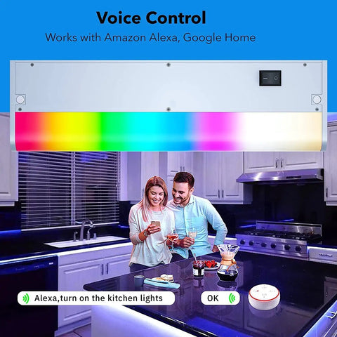 Smart Under Cabinet Lighting Kit With Alexa And Google Control, showcasing dimmable LED fixtures under kitchen cabinets.