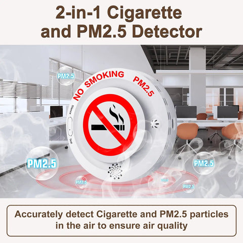 Top Tier Cigarette Detector And Air Quality Monitor With Voice Reminder And Remote Control For Offices And Public Spaces Heavy Lifter Pm25 Smoke Alarm and No Smoking Must Have Gear in a modern office setting.