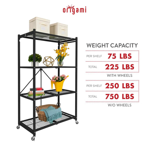 Straight Up Heavy Duty 4 Tier Foldable Steel Storage Rack In Black, showcasing weight capacity and functional design.