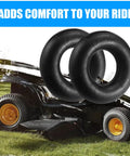 Two Pack 4.10/3.50-4 Inner Tubes With Bent Valve Stem Workhorse Swap For Lawn Mowers, black rubber tubes beside mower.