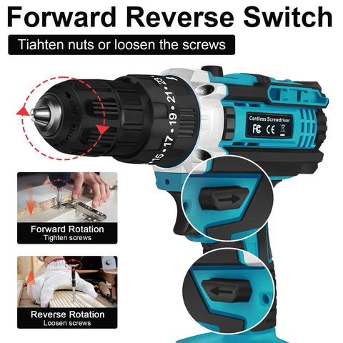 Heavy Duty Cordless Drill Plus Electric Screwdriver Power Tool Set With Rechargeable Battery And Two Speed Settings Plus Twenty Five Torque Adjustments For Slick Crafting Projects That Knock Out Tasks With Zero Sweat, showing forward reverse switch.