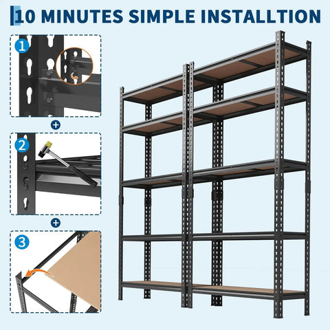 Heavy Duty Five Tier Metal Storage Shelving Unit For Garage Tough As Nails Carbon Steel Rack Holds The Weight Easy Rust Resistant Powder Coated Industrial Shelf with step-by-step installation