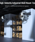 Industrial 20 Inch Wall Mount Fan With 3 Speed Heavy Duty Metal Build High Velocity Air Circulator Tilts 360 Degrees installed in warehouse.