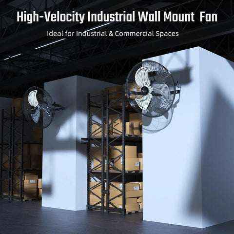 Industrial 20 Inch Wall Mount Fan With 3 Speed Heavy Duty Metal Build High Velocity Air Circulator Tilts 360 Degrees installed in warehouse.