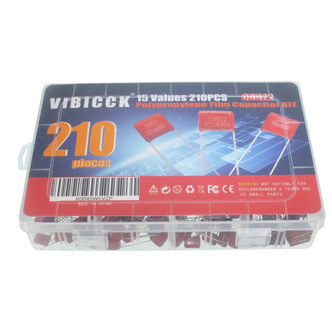 Premium Metallized Polypropylene Film DC Capacitor Kit With Hella Versatile CBB22 Assortment in a clear box showing 210 pieces.