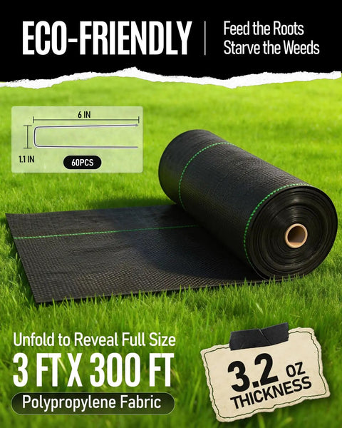 Image of Heavy Duty Weed Barrier Fabric 3 Ft By 300 Ft Woven Geotextile 3.2 Oz Permeable Garden Cloth unrolling on grass.