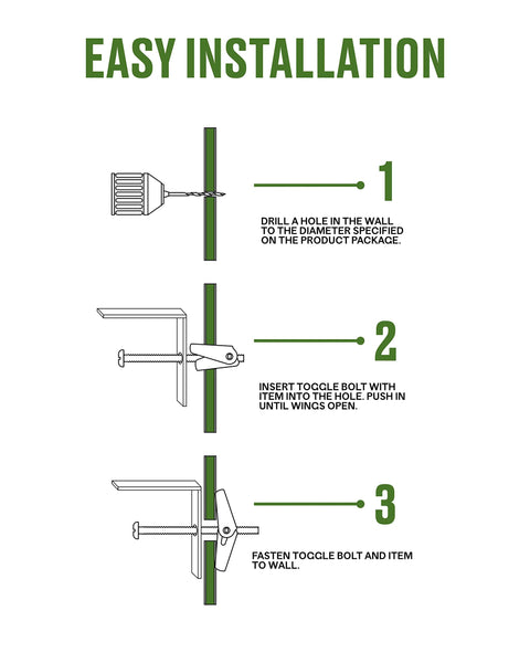 Installation guide for Round Head Machine Screw Toggle Bolts Three Eighths Inch By Four Inch on drywall and hollow block