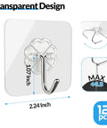 Heavy Duty Adhesive Wall Hooks 12 Pack Clear Rust Resistant Stainless Steel Sticky Hangers With Beefy Load Capacity Zero Drill Hassle Free Peel And Stick For Every Space showing a clear 2.24 inch hook with a 44 lb capacity.