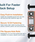 Tool Free Smart Push In Cage Nuts Paired With 12 24 Rack Screws shows easy installation for square-hole rack rails.