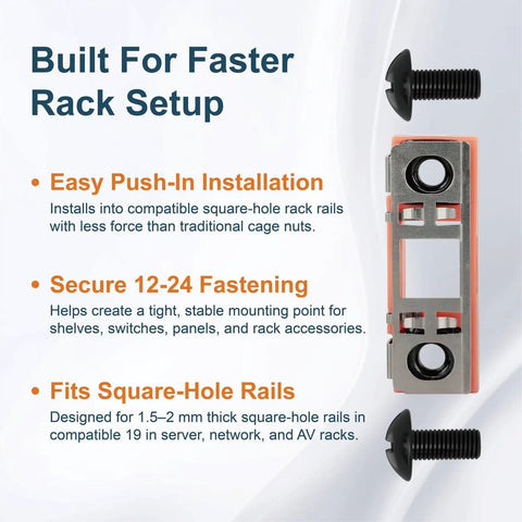 Tool Free Smart Push In Cage Nuts Paired With 12 24 Rack Screws shows easy installation for square-hole rack rails.