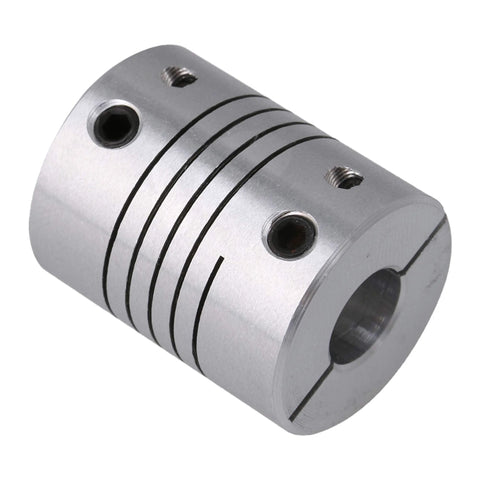 Angled view of BQLZR 5x8mm CNC stepper motor shaft coupler, metal aluminum, two set-screw holes