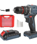 Heavy Duty Brushless Cordless Drill Set Is A Total Workhorse Delivering 735W And 1500Rpm To Tackle Tough Jobs Without Breaking A Sweat Featuring 45Nm Torque And 25 Precise Clicks For Exact Control Plus Variable Speed Trigger And Dual Gears To Get The Job with battery, charger, and storage case.