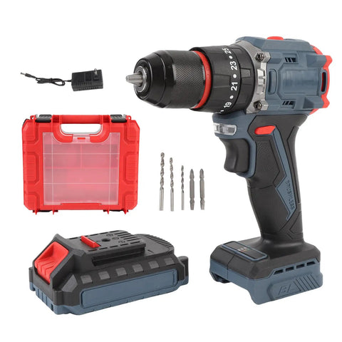 Heavy Duty Brushless Cordless Drill Set Is A Total Workhorse Delivering 735W And 1500Rpm To Tackle Tough Jobs Without Breaking A Sweat Featuring 45Nm Torque And 25 Precise Clicks For Exact Control Plus Variable Speed Trigger And Dual Gears To Get The Job with battery, charger, and storage case.