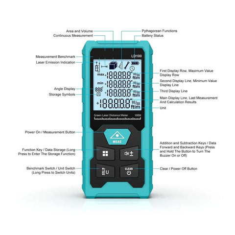 Heavy Duty 100 Meter Green Laser Rangefinder Rechargeable Digital Distance Measuring Tool For Contractors And Tradesmen Crews front view displaying measurement features.