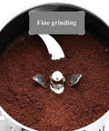 Electric Grain Mill Grinder For Home Use showing coffee powder grinding with stainless steel 3-blade system, 270° rocking design