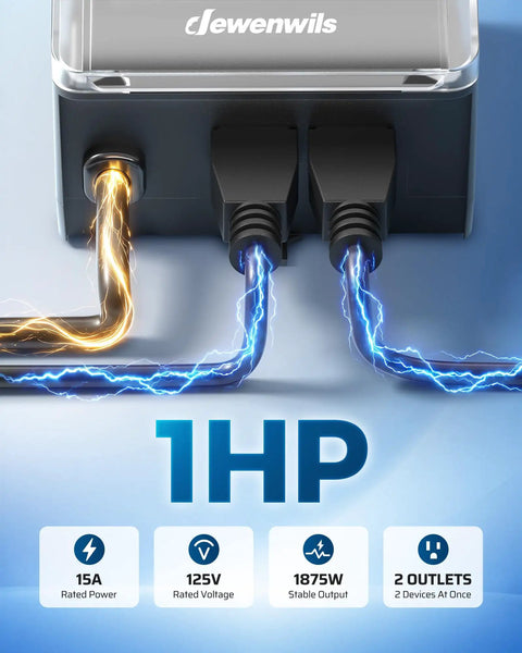 Straight Shooting 1HP Heavy Duty Outdoor Timer With 2 Outlets Mechanical Dial detail showing connections, rated 15A, 125V, and 1875W.