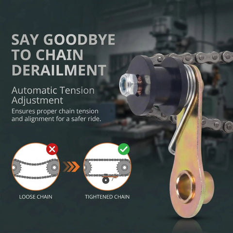 Top Shelf Tough As Nails Heavy Duty Chain Roller Tensioner With Spring Loaded Iron Sprocket Guide For Motocross Dirt Bikes ATVs close-up showing automatic tension adjustment.
