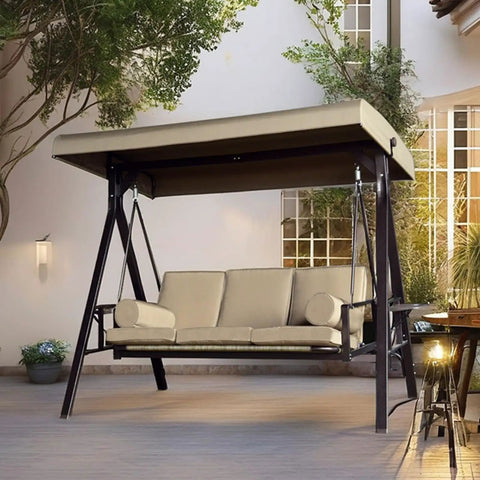 All Weather Outdoor Swing Canopy Replacement Cover For 2 To 3 Seater Patio Garden Porch Swing shown on patio in evening