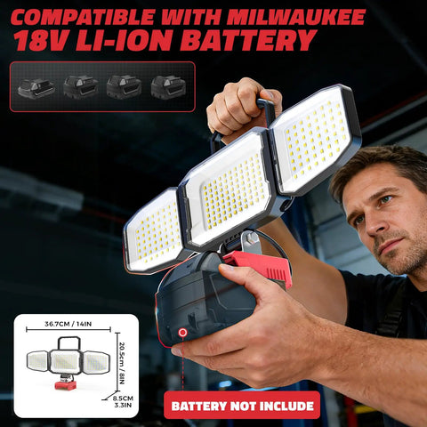 Rugged Two Pack Led Work Lights With Freely Rotating Three Heads And True 360 Degree Coverage held by a person with Milwaukee 18V battery.