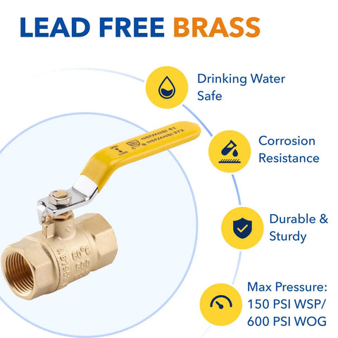 One Half Inch Female Npt To Female Npt Full Port Forged Lead Free Brass Ball Valve 150 Psi Wsp for plumbing use shown with specifications.
