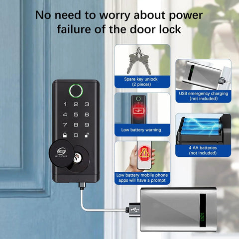 Top Pick Smart Door Lock Keyless Entry Deadbolt Fingerprint with USB emergency charging and low battery warning features.
