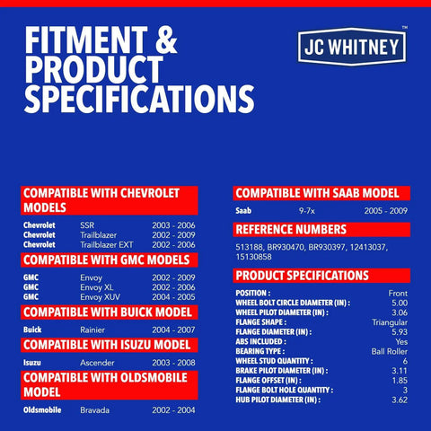 Fitment & product specifications for Heavy Duty Front Wheel Bearing And Hub Assembly Pair With Abs Connector Built Like A Tank For Chevy Trailblazer Gmc Envoy Buick Rainier And Ascender Models.