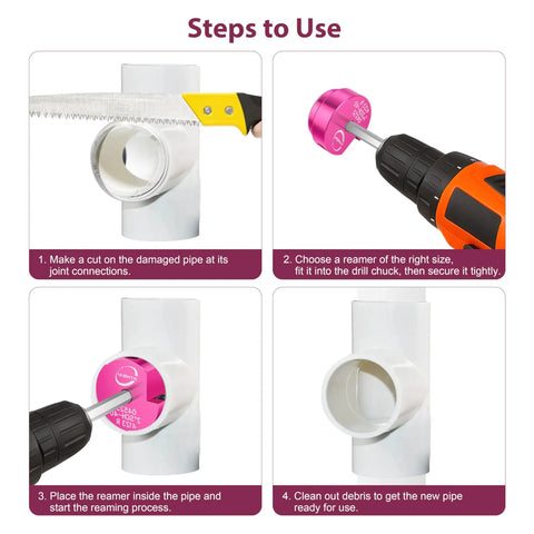Steps to use Six Piece PVC Pipe Reamer Kit For SCH40 PVC CPVC ABS Fittings, drill-ready reamer cleaning pipe and removing residue